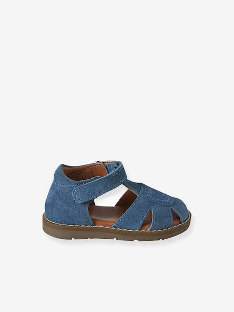 Gesloten sandalen met klittenband van leer voor baby's jeansblauw+zandbeige - vertbaudet enfant 