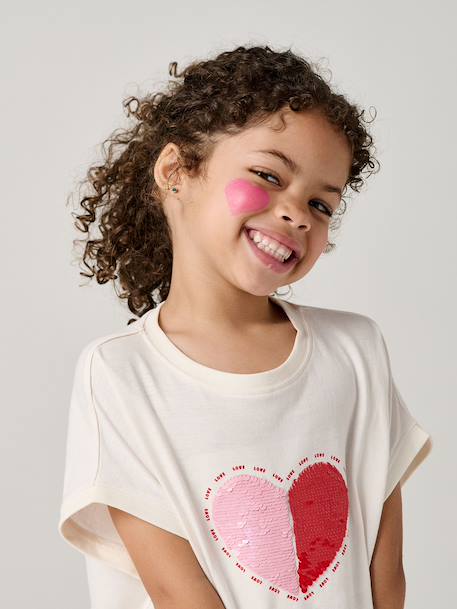 T-shirt voor meisjes met paillettenmotieven blauwgroen+ecru+lila - vertbaudet enfant 