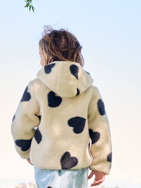 Sherpa vest met capuchon en bloemenprint voor meisjes ecru+vanille+zachtpaars - vertbaudet enfant 