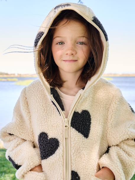 Sherpa vest met capuchon en bloemenprint voor meisjes ecru+vanille+zachtpaars - vertbaudet enfant 