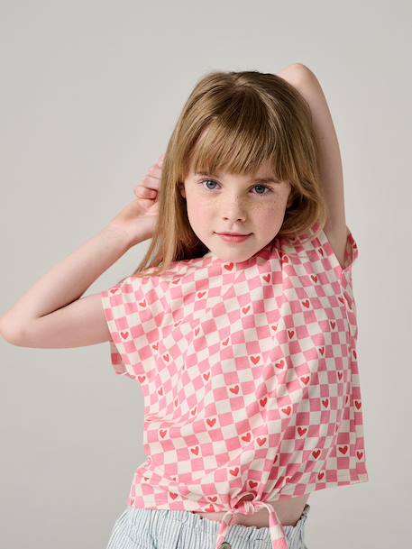 Gestreept T-shirt voor meisjes met sierstrik lavendel+rozen+wit - vertbaudet enfant 
