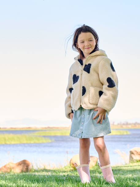 Sherpa vest met capuchon en bloemenprint voor meisjes ecru+vanille+zachtpaars - vertbaudet enfant 