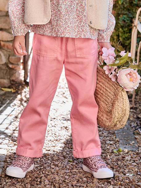 Soepele meisjesbroek in 'paperbag'-stijl kaki+koraal+rozen - vertbaudet enfant 