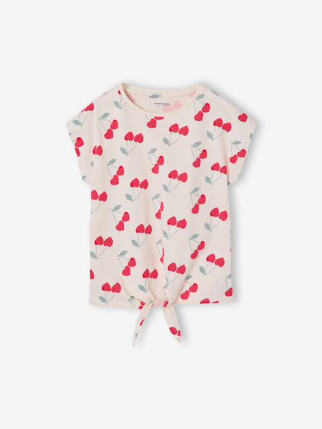 Gestreept T-shirt voor meisjes met sierstrik lavendel+rozen+wit - vertbaudet enfant 