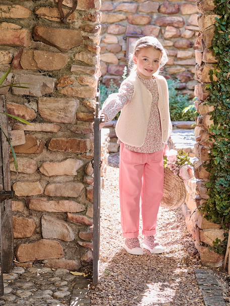 Soepele meisjesbroek in 'paperbag'-stijl kaki+koraal+rozen - vertbaudet enfant 