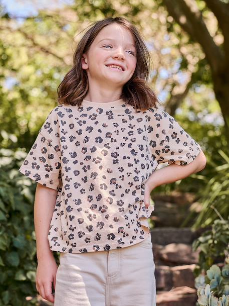 Bedrukt meisjesshirt met korte mouwen antraciet+beige+lichtgeel+zandbeige - vertbaudet enfant 