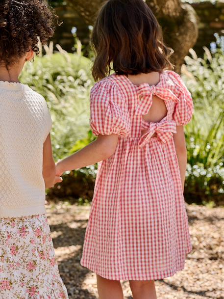 Jurk meisjes Vichy knopen rug koraal - vertbaudet enfant 