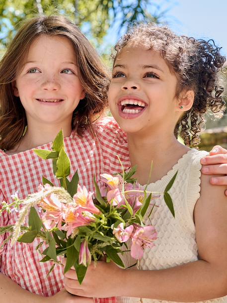 Jurk meisjes Vichy knopen rug koraal - vertbaudet enfant 