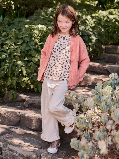 Wijde broek met ruches voor meisjes ecru+lila - vertbaudet enfant 
