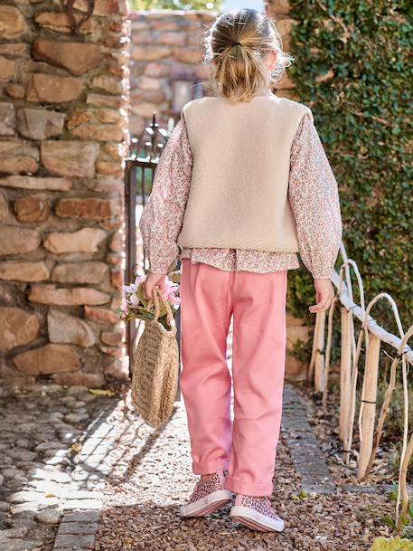 Soepele meisjesbroek in 'paperbag'-stijl kaki+koraal+rozen - vertbaudet enfant 