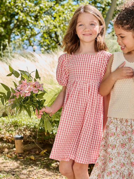 Jurk meisjes Vichy knopen rug koraal - vertbaudet enfant 