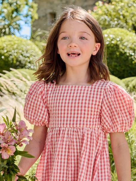 Jurk meisjes Vichy knopen rug koraal - vertbaudet enfant 