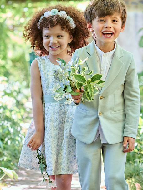 Feestelijke jongensset met overhemd met maokraag en broek beige+blauwgroen+hemelsblauw - vertbaudet enfant 