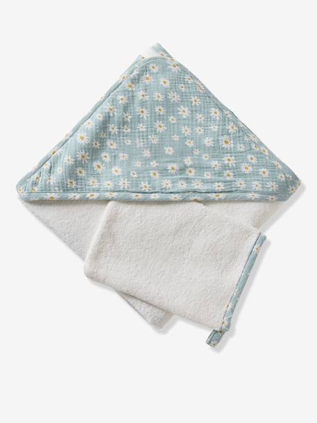 Badcape van katoengaas, personaliseerbaar, en washandje MARGUERITE blauw, bedrukt - vertbaudet enfant 