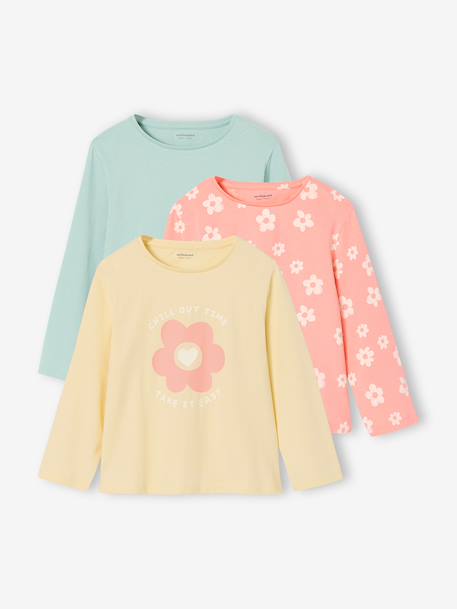 Set van 3 BASICS meisjesshirts met lange mouwen antraciet+ecru+grijsblauw+indigoblauw+koraal+rozen+zachtpaars - vertbaudet enfant 
