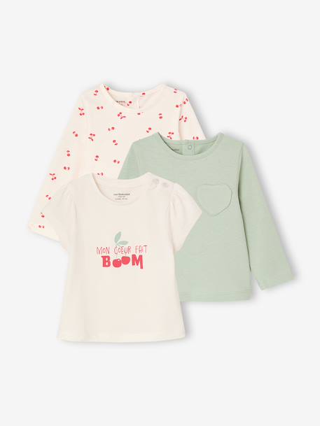 Set van 3 Basics T-shirts met lange mouwen ecru+rood, gestreept - vertbaudet enfant 