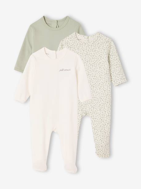 Set van 3 pyjama's baby van biologisch katoen beige+ecru+saliegroen - vertbaudet enfant 