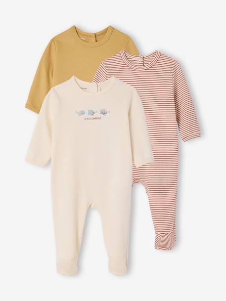 Set van 3 pyjama's baby van biologisch katoen beige+ecru+saliegroen - vertbaudet enfant 
