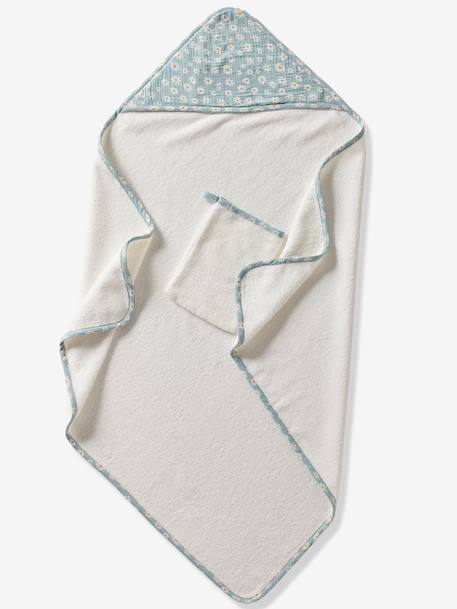 Badcape van katoengaas, personaliseerbaar, en washandje MARGUERITE blauw, bedrukt - vertbaudet enfant 