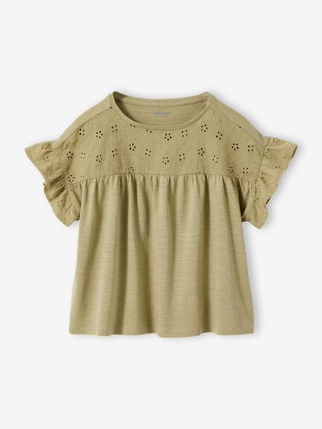 T-shirt meisjes met geborduurde details ecru+kaki+koraal - vertbaudet enfant 