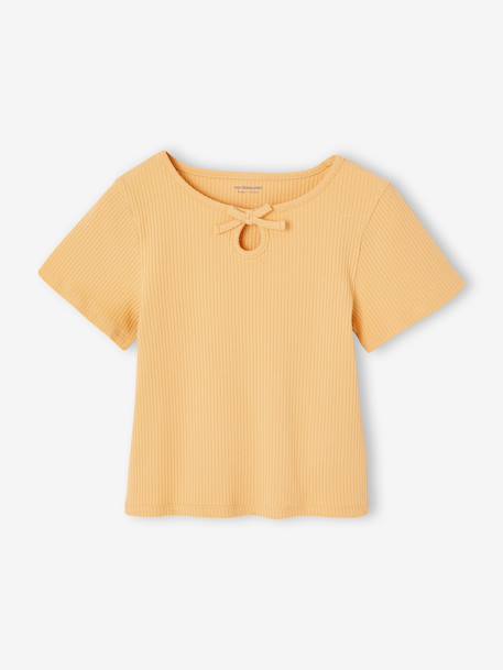 T-shirt voor meisjes met een fantasieknoop blauw, gestreept+geel - vertbaudet enfant 
