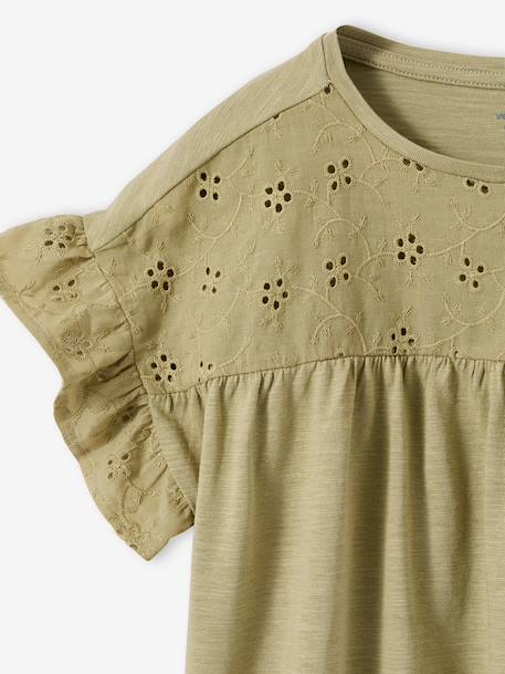 T-shirt meisjes met geborduurde details ecru+kaki+koraal - vertbaudet enfant 