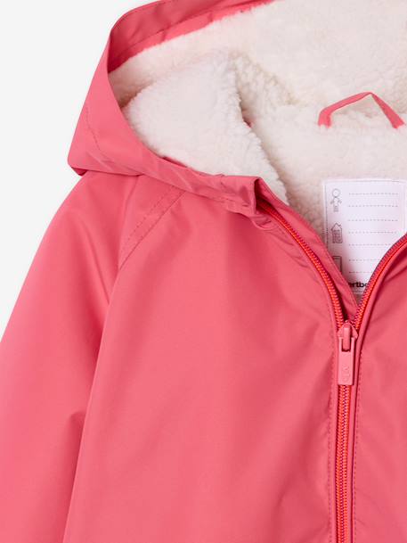Winddichte jas met capuchon voor meisjes, gevoerd met sherpa marineblauw+rozen - vertbaudet enfant 