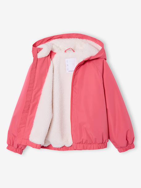 Winddichte jas met capuchon voor meisjes, gevoerd met sherpa marineblauw+rozen - vertbaudet enfant 