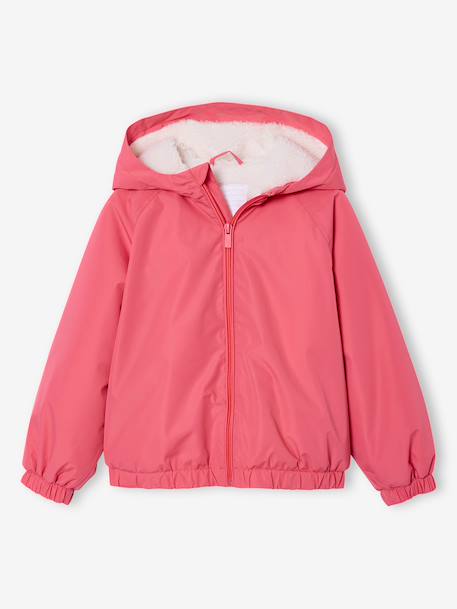 Winddichte jas met capuchon voor meisjes, gevoerd met sherpa marineblauw+rozen - vertbaudet enfant 