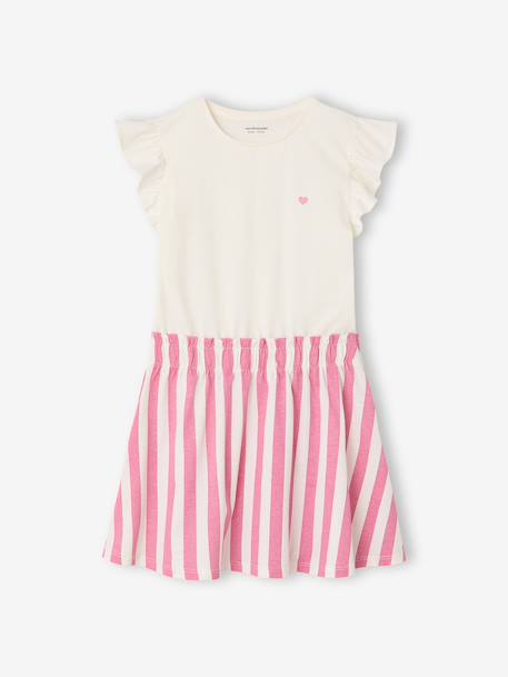 Meisjesjurk met 2-in-1 effect ecru+indigoblauw+lichtroze+roze, gestreept - vertbaudet enfant 