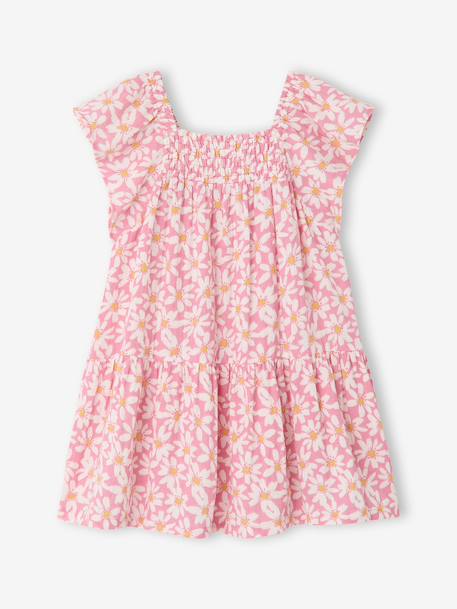 Jurk voor meisjes met smockwerk en bloemenprint roze (poederkleur)+vanille - vertbaudet enfant 