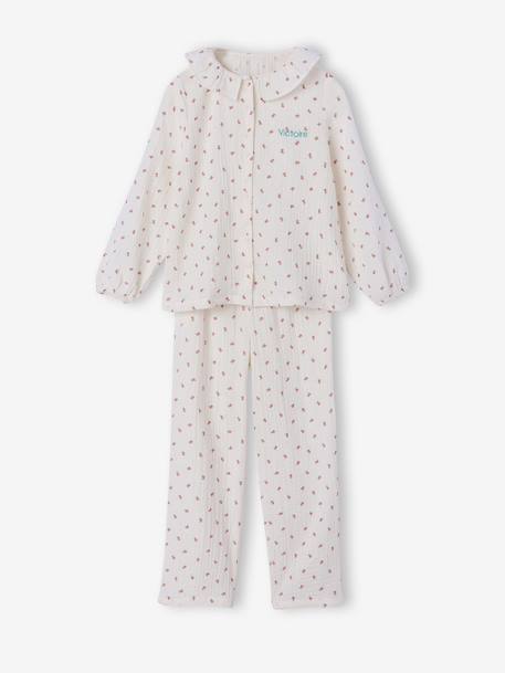 Pyjama meisjes katoenen gaas bloemen ecru - vertbaudet enfant 