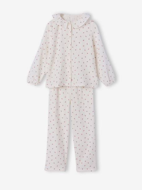 Pyjama meisjes katoenen gaas bloemen ecru - vertbaudet enfant 