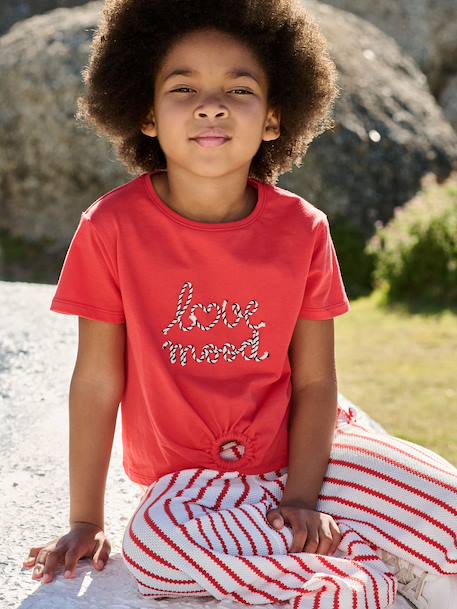 T-shirt voor meisjes met een sierlijke strikdetail blauw, gestreept+ecru+rood - vertbaudet enfant 