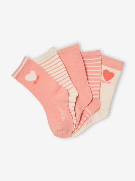 Set van 5 paar meisjessokken met hartjes abrikoos+beige+chambrayblauw+zachtpaars - vertbaudet enfant 
