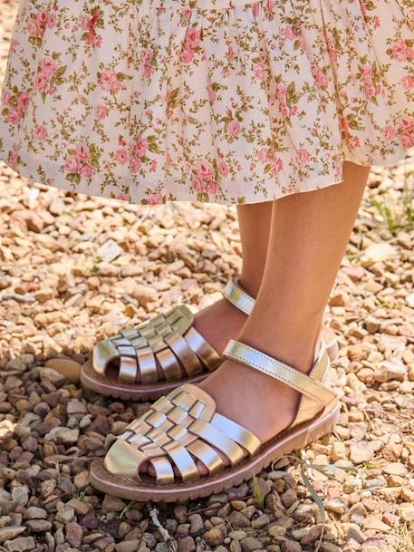 Kindersandalen van leer met klittenband, collectie kleuterschool ecru+goud - vertbaudet enfant 