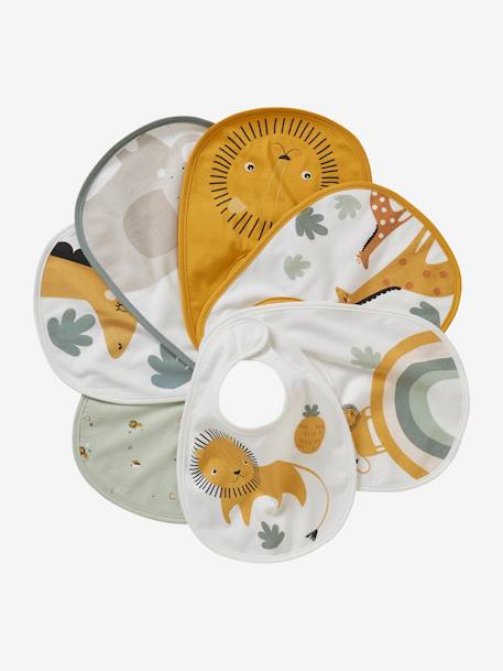 Set van 7 babyslabbetjes beige, bedrukt+blauwgroen+Egel+jungle wit+lichtroze+touw - vertbaudet enfant 