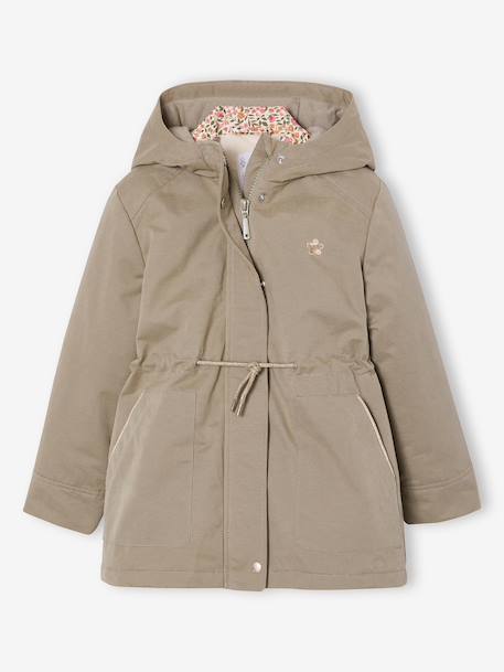 3-in-1 parka voor meisjes, parka en windjack met bloemenprint kaki - vertbaudet enfant 