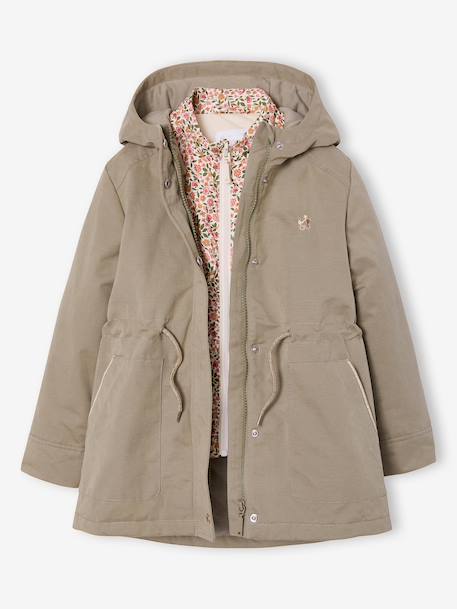 3-in-1 parka voor meisjes, parka en windjack met bloemenprint kaki - vertbaudet enfant 