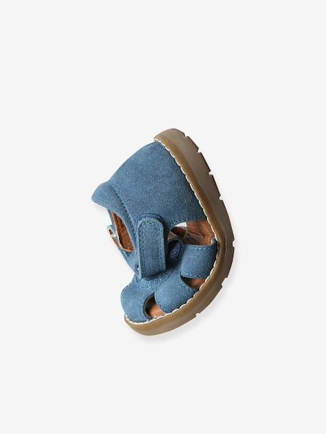 Gesloten sandalen met klittenband van leer voor baby's jeansblauw+zandbeige - vertbaudet enfant 