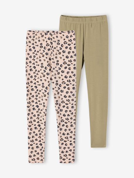 Set van 2 Basics meisjesleggings donkergrijs+indigoblauw+kaki+rozenhout+saliegroen - vertbaudet enfant 