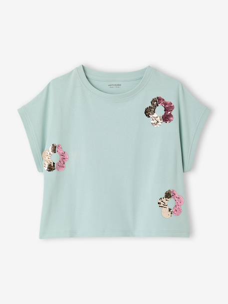 T-shirt voor meisjes met paillettenmotieven blauwgroen+ecru+lila - vertbaudet enfant 