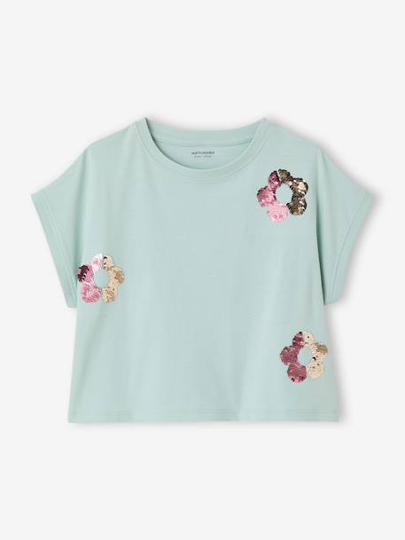 T-shirt voor meisjes met paillettenmotieven blauwgroen+ecru+lila - vertbaudet enfant 