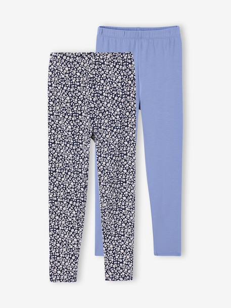 Set van 2 Basics meisjesleggings donkergrijs+indigoblauw+kaki+rozenhout+saliegroen - vertbaudet enfant 