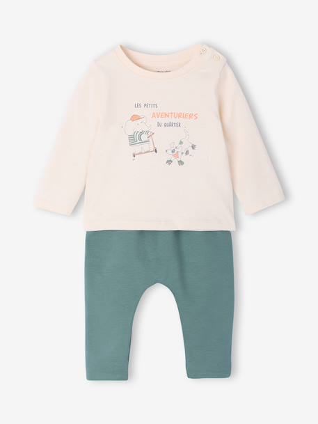 Babyset T-shirt + molton broek gestreept / karamel+groenblauw - vertbaudet enfant 