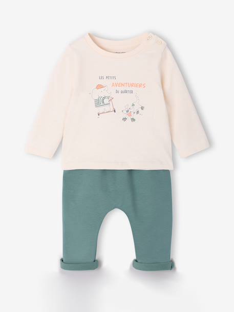 Babyset T-shirt + molton broek gestreept / karamel+groenblauw - vertbaudet enfant 