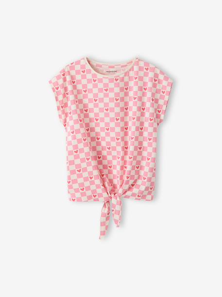 Gestreept T-shirt voor meisjes met sierstrik lavendel+rozen+wit - vertbaudet enfant 