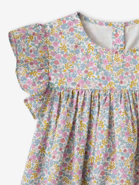 Jurk met print en korte mouwen met ruches lichtroze+smaragdgroen+wit, bedrukt - vertbaudet enfant 