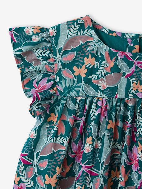 Jurk met print en korte mouwen met ruches lichtroze+smaragdgroen+wit, bedrukt - vertbaudet enfant 