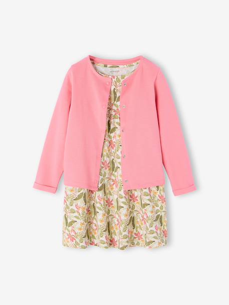 Set jurk + cardigan voor meisje roze, bedrukt+zachtpaars - vertbaudet enfant 